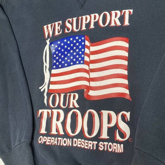 Vintage Desert Strom Sweatshirt We Support Our Troops Black Crew Neck Medium USA - Picture 4 of 7